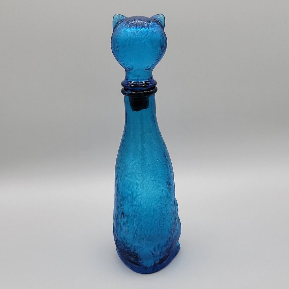 Vintage Italian Empoli Blue Glass Cat Decanter Bottle Figural 9 Inch Tall 1960s - Picture 4 of 13